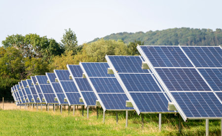 Solar energy production,at a site in the countryside, during the summertime in rural...