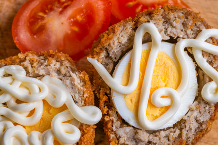 Freshly arranged,ready to eat lunch snack with sliced tomato, on a wooden chopping board with details of pastry crumbs, textures of the food.の写真素材