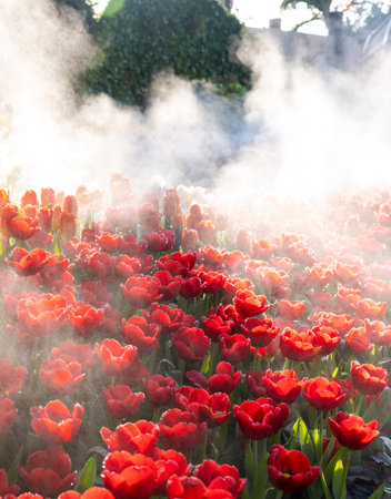 Late afternoon sunlight shines through mist spray,covering vibrant,red tulips,at the colorful festival of many flowers,from the Chiang Mai region,showcasing its rich floral heritage.の写真素材