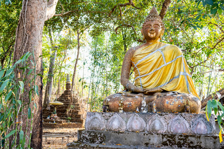Set beneath a canopy of trees,religious monuments are scattered,up in the hills,used by local villagers,amongst rain forest forest scenery.の写真素材