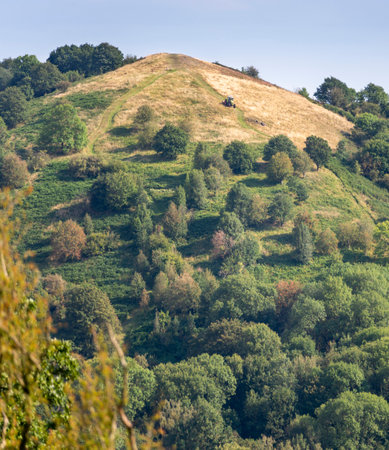 On a sunny summer afternoon,farmer's tractor moves slowly down the pointed hill, at an area of...