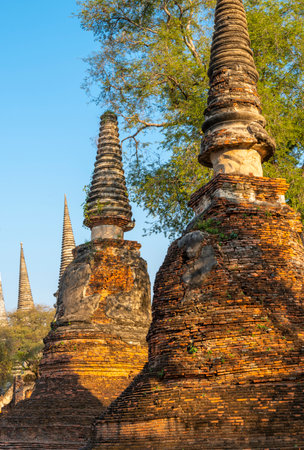 Part of the extensive temple grounds and important historic site,with many ancient Buddhist pagodas,with surrounding brickwork,stood amongst trees,bathed in the light of the setting sun.の写真素材
