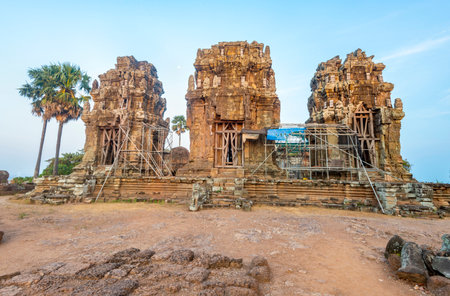 Originally Hindu temple pagodas and shrine,ruins of ancient 9th century Khmer culture,one of the oldest in Cambodia and part of Angkor Archaeological park, on a hilltop overlooking Tonle Sap lake.の写真素材