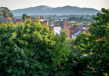 Looking toward the scenic Malverns hill range and mid-summer countryside,from the hilltop site of the critical final battle of the Battle of Worcester,during the English Civil War,fought in 1651.の写真素材