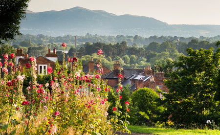 Looking toward the scenic Malverns hill range and summer countryside,from the hilltop site of the critical final battle of the Battle of Worcester,during the English Civil War,fought in 1651.の写真素材