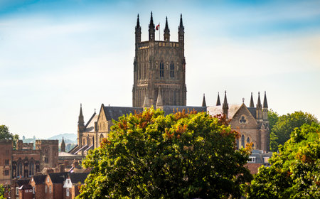 Overlooking the historical city rooftops and its famous cathedral landmark,from the hilltop site of the critical final battle of the English Civil War in 1651..の写真素材