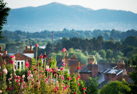 Looking toward the scenic Malverns hill range and summer countryside,from the hilltop site of the critical final battle of the Battle of Worcester,during the English Civil War,fought in 1651.の写真素材