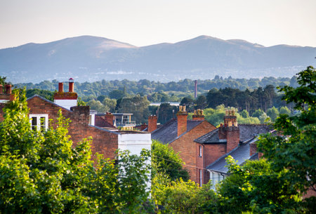 Looking toward the scenic Malverns hill range and mid-summer countryside,from the hilltop site of the critical final battle of the Battle of Worcester,during the English Civil War,fought in 1651.の写真素材