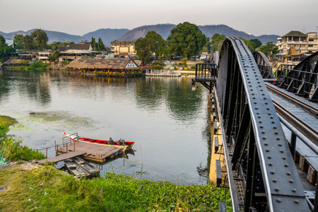 Peaceful river scene next to the famous World War 2 landmark, part of the infamous Thai-Burma...