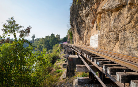 The Death Railway,wooden trestle bridge,built using the forced labor of prisoners of war,under the...