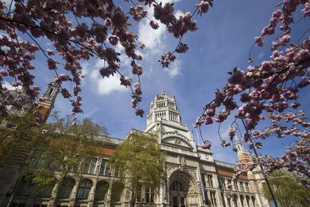 V A Museum entrance with blossom, London, England