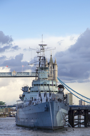 LONDON, UK - MAY 20, 2017. London cityscape across the River Thames with a view of HMS Belfast Warship Museum and Tower Bridge, London, England, UK, May 20, 2017.のeditorial素材