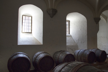 LONDON, UK - May 11, 2018. Cellar with barrels, Hampton Court Palace. London, Uk - May 11, 2018