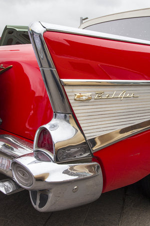 LONDON, ENGLAND - April 28, 2018. 1957 Ford Chevrolet Bel Air GMC at the annual Classic Car Exhibition and Vintage Clothing Market at Kings Cross, London, England, April 28, 2018.のeditorial素材