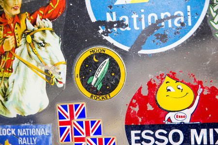 LONDON, ENGLAND - April 28, 2018. Badges and stickers on Lambretta windshield at the annual Classic Car Exhibition and Vintage Clothing Market at Kings Cross, London, England, April 28, 2018.のeditorial素材