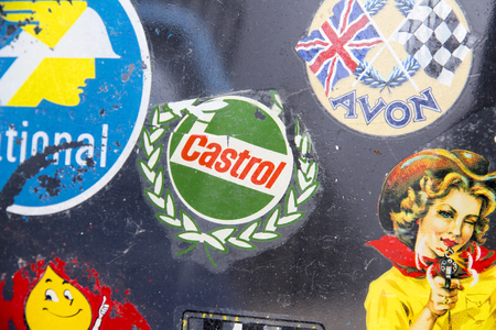 LONDON, ENGLAND - April 28, 2018. Badges and stickers on Lambretta windshield at the annual Classic Car Exhibition and Vintage Clothing Market at Kings Cross, London, England, April 28, 2018.のeditorial素材