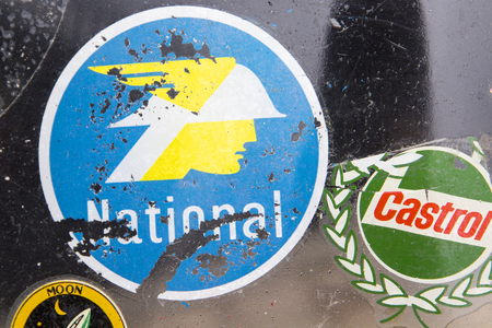 LONDON, ENGLAND - April 28, 2018. Badges and stickers on Lambretta windshield at the annual Classic Car Exhibition and Vintage Clothing Market at Kings Cross, London, England, April 28, 2018.のeditorial素材
