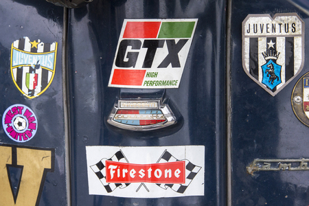 LONDON, ENGLAND - April 28, 2018. Badges and stickers at the annual Classic Car Exhibition and Vintage Clothing Market at Kings Cross, London, England, April 28, 2018.のeditorial素材