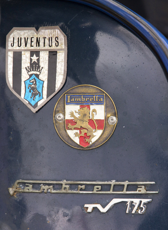 LONDON, ENGLAND - April 28, 2018. Badges and stickers at the annual Classic Car Exhibition and Vintage Clothing Market at Kings Cross, London, England, April 28, 2018.のeditorial素材