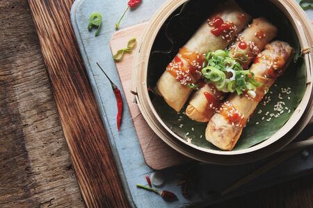 chinese spring rolls with sweet chili sauceの写真素材