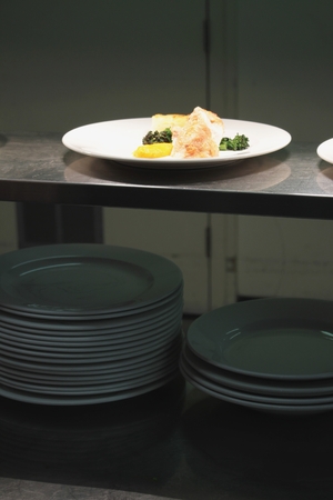 plated food in kitchenの写真素材