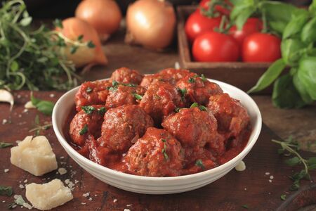 italian meatballs with spaghettiの写真素材