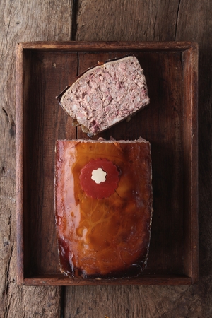 rustic French pat in wooden trayの写真素材