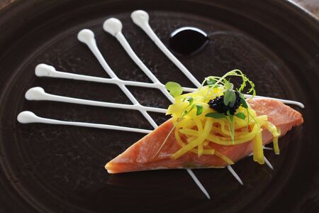 hot smoked salmon appetizer starterの写真素材