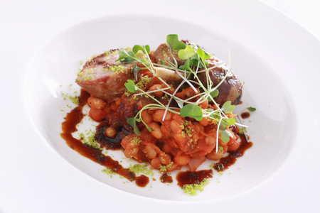 plated pork and duck confit main mealの写真素材