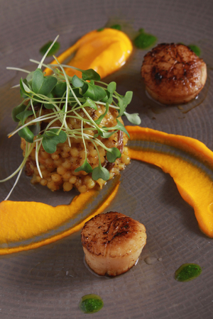 plated scallop appetizer meaの写真素材