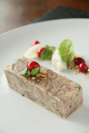 plated pork terrine starter with cranberriesの写真素材