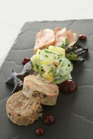 plated  duck and pork appetizer meal mainの写真素材