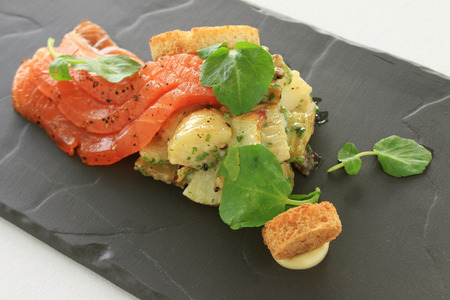 healthy smoked cured salmon appetizer starter mealの写真素材