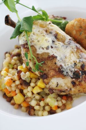 plated chicken meal with giant couscous and vegetablesの写真素材