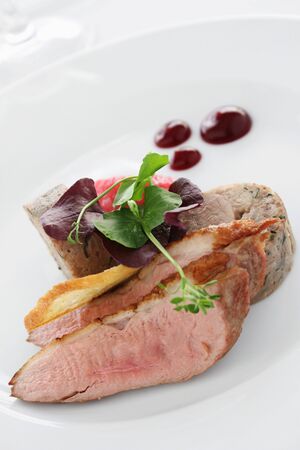 duck and pork appetizer starter plated meal foodの写真素材