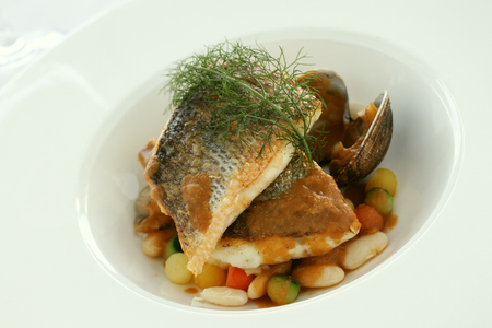sea bass fish with beans healthy mealの写真素材