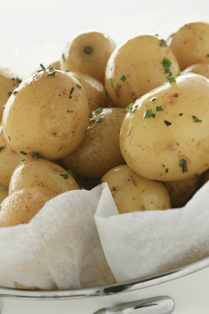 boiled seasonal new potatoes garnished with chopped parsleyの写真素材
