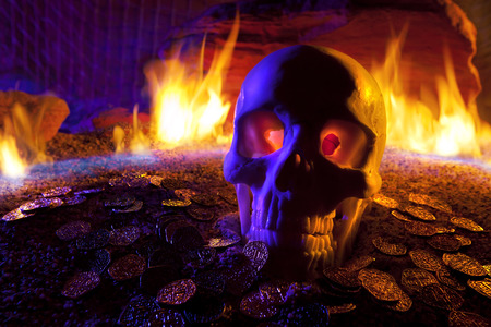 Skull with Burning Flames and Gold Coins