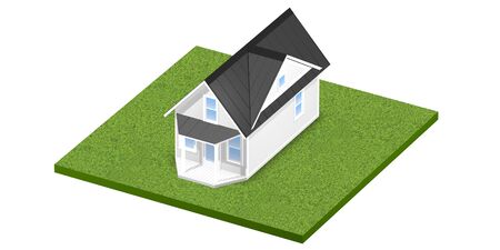 3D rendered illustration of a tiny home on a square grassy plot of land or yard.  Isolated over white background.の写真素材