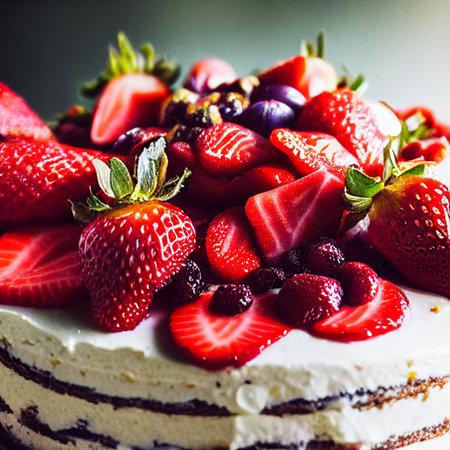 Chocolate layer cake with fruit toppingの写真素材