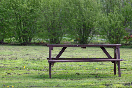 brown wooden table with chair on lawn of garden in landscape format