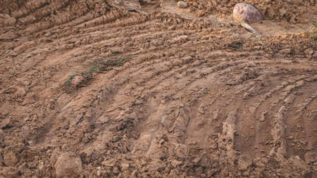 truck or heavy bulldoser or excavator tyre prints in gravel quarry road.の写真素材