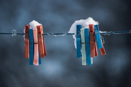 Colorful clothespins on clothesline covered with snow outdoors. Winter scene, housework conceptの写真素材