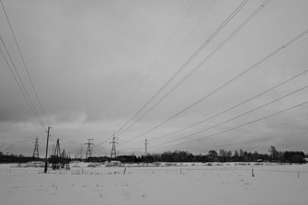electricity pylons in a snowy field in black and whiteの写真素材