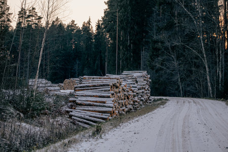 pile of pine tree trunks in winter forest with road - vintage retro effect