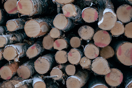 Pile of timber wood in a forest, close-up.