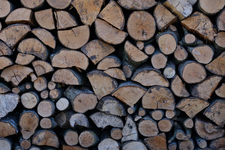 Firewood stacked on top of each other in a pile, backgroundの写真素材