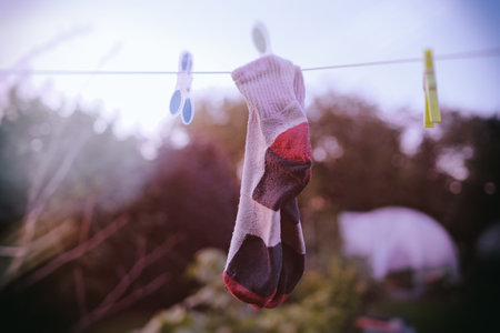 A pair of socks drying on a clothesline in the garden.の写真素材