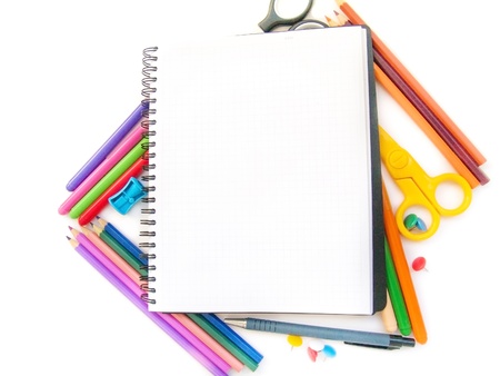 blank note book with school suppliesの写真素材