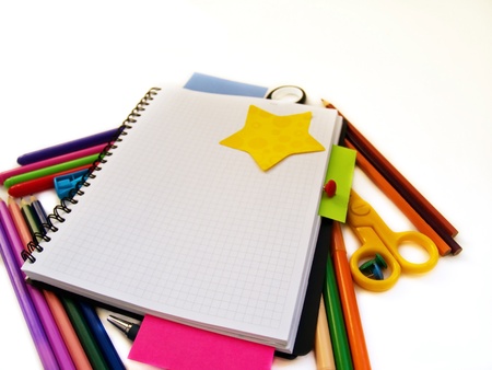 blank note book with school suppliesの写真素材